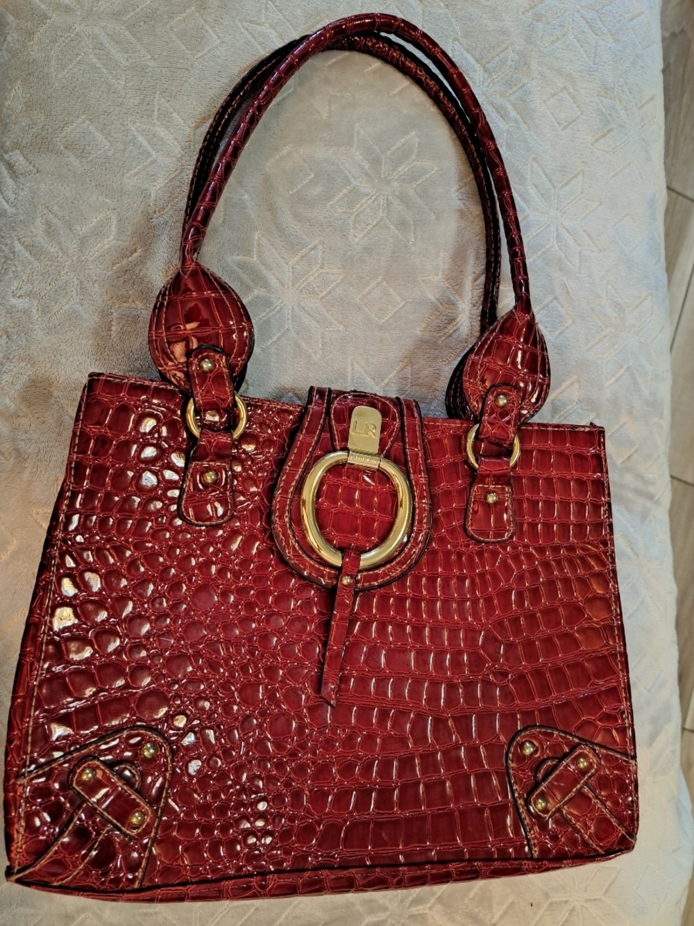 Women's Croc-Embossed Cherry Red Tote with Gold Ring Detail